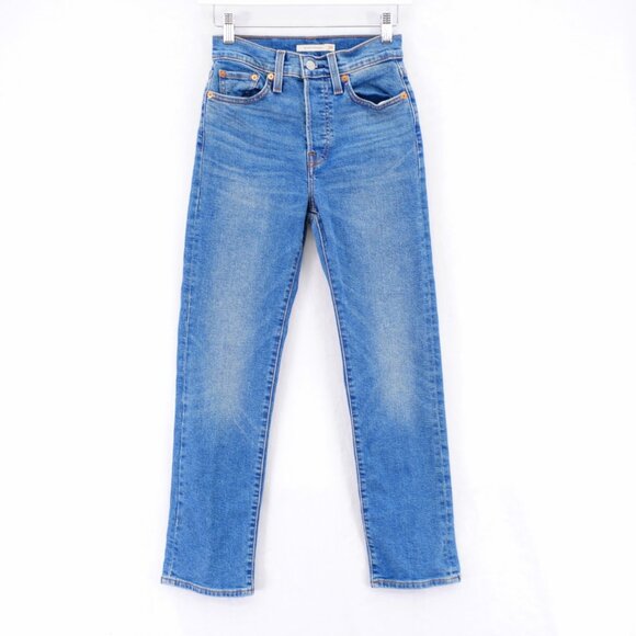 Levi's Wedgie Straight Blue Denim Stone Wash Whisker Jeans -25- 25 / 28 High Ris - Picture 1 of 9